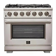 Forno 5-Piece Pro Appliance Package - 36" Gas Range, 56" Pro-Style Refrigerator, Wall Mount Hood with Backsplash, Microwave Drawer, & 3-Rack Dishwasher in Stainless Steel - The Home Selection