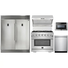 Forno 5-Piece Pro Appliance Package - 36" Gas Range, 56" Pro-Style Refrigerator, Wall Mount Hood with Backsplash, Microwave Drawer, & 3-Rack Dishwasher in Stainless Steel - The Home Selection