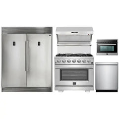 Forno 5-Piece Pro Appliance Package - 36" Gas Range, 56" Pro-Style Refrigerator, Wall Mount Hood with Backsplash, Microwave Oven, & 3-Rack Dishwasher in Stainless Steel - The Home Selection