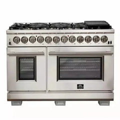 Forno 5-Piece Pro Appliance Package - 48" Dual Fuel Range, 36" Refrigerator with Water Dispenser, Wall Mount Hood with Backsplash, Microwave Drawer, & 3-Rack Dishwasher in Stainless Steel - The Home Selection