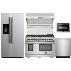 Forno 5-Piece Pro Appliance Package - 48" Dual Fuel Range, 36" Refrigerator with Water Dispenser, Wall Mount Hood with Backsplash, Microwave Drawer, & 3-Rack Dishwasher in Stainless Steel - The Home Selection