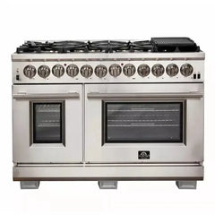 Forno 5-Piece Pro Appliance Package - 48" Dual Fuel Range, 36" Refrigerator with Water Dispenser, Wall Mount Hood with Backsplash, Microwave Oven, & 3-Rack Dishwasher in Stainless Steel - The Home Selection