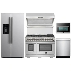 Forno 5-Piece Pro Appliance Package - 48" Dual Fuel Range, 36" Refrigerator with Water Dispenser, Wall Mount Hood with Backsplash, Microwave Oven, & 3-Rack Dishwasher in Stainless Steel - The Home Selection