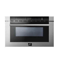 Forno 5-Piece Pro Appliance Package - 48" Dual Fuel Range, 56" Pro-Style Refrigerator, Wall Mount Hood with Backsplash, Microwave Drawer, & 3-Rack Dishwasher in Stainless Steel - The Home Selection