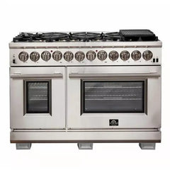 Forno 5-Piece Pro Appliance Package - 48" Dual Fuel Range, 56" Pro-Style Refrigerator, Wall Mount Hood with Backsplash, Microwave Drawer, & 3-Rack Dishwasher in Stainless Steel - The Home Selection