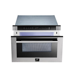Forno 5-Piece Pro Appliance Package - 48" Dual Fuel Range, 56" Pro-Style Refrigerator, Wall Mount Hood with Backsplash, Microwave Drawer, & 3-Rack Dishwasher in Stainless Steel - The Home Selection