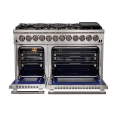 Forno 5-Piece Pro Appliance Package - 48" Dual Fuel Range, 56" Pro-Style Refrigerator, Wall Mount Hood with Backsplash, Microwave Drawer, & 3-Rack Dishwasher in Stainless Steel - The Home Selection