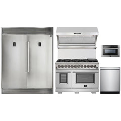 Forno 5-Piece Pro Appliance Package - 48" Dual Fuel Range, 56" Pro-Style Refrigerator, Wall Mount Hood with Backsplash, Microwave Drawer, & 3-Rack Dishwasher in Stainless Steel - The Home Selection