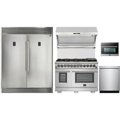 Forno 5-Piece Pro Appliance Package - 48" Dual Fuel Range, 56" Pro-Style Refrigerator, Wall Mount Hood with Backsplash, Microwave Oven, & 3-Rack Dishwasher in Stainless Steel - The Home Selection