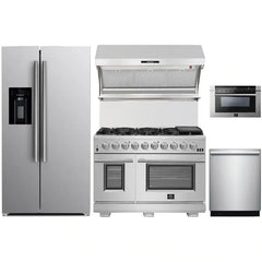 Forno 5-Piece Pro Appliance Package - 48" Gas Range, 36" Refrigerator with Water Dispenser, Wall Mount Hood with Backsplash, Microwave Drawer, & 3-Rack Dishwasher in Stainless Steel - The Home Selection