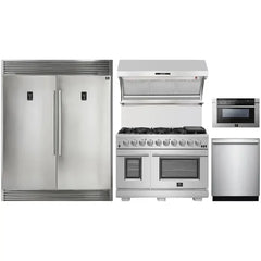 Forno 5-Piece Pro Appliance Package - 48" Gas Range, 56" Pro-Style Refrigerator, Wall Mount Hood with Backsplash, Microwave Drawer, & 3-Rack Dishwasher in Stainless Steel - The Home Selection