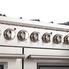Forno 5-Piece Pro Appliance Package - 48" Gas Range, 56" Pro-Style Refrigerator, Wall Mount Hood with Backsplash, Microwave Oven, & 3-Rack Dishwasher in Stainless Steel - The Home Selection