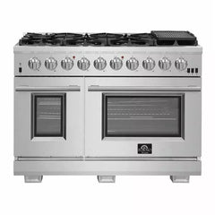 Forno 5-Piece Pro Appliance Package - 48" Gas Range, 56" Pro-Style Refrigerator, Wall Mount Hood with Backsplash, Microwave Oven, & 3-Rack Dishwasher in Stainless Steel - The Home Selection