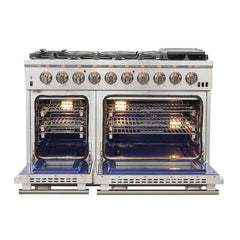Forno 5-Piece Pro Appliance Package - 48" Gas Range, 56" Pro-Style Refrigerator, Wall Mount Hood with Backsplash, Microwave Oven, & 3-Rack Dishwasher in Stainless Steel - The Home Selection