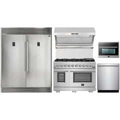Forno 5-Piece Pro Appliance Package - 48" Gas Range, 56" Pro-Style Refrigerator, Wall Mount Hood with Backsplash, Microwave Oven, & 3-Rack Dishwasher in Stainless Steel - The Home Selection