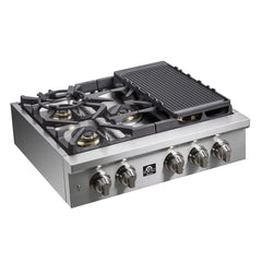 Forno Spezia 30-Inch Gas Cooktop, 4 Burners, Wok Ring and Grill/Griddle in Stainless Steel - FCTGS5751-30 - The Home Selection