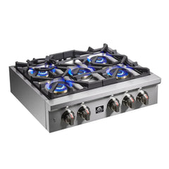 Forno Spezia 30-Inch Gas Cooktop, 4 Burners, Wok Ring and Grill/Griddle in Stainless Steel - FCTGS5751-30 - The Home Selection
