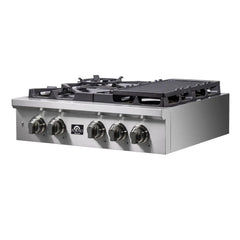 Forno Spezia 30-Inch Gas Cooktop, 4 Burners, Wok Ring and Grill/Griddle in Stainless Steel - FCTGS5751-30 - The Home Selection
