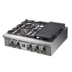 Forno Spezia 30-Inch Gas Cooktop, 4 Burners, Wok Ring and Grill/Griddle in Stainless Steel - FCTGS5751-30 - The Home Selection