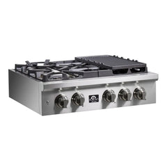 Forno Spezia 30-Inch Gas Cooktop, 4 Burners, Wok Ring and Grill/Griddle in Stainless Steel - FCTGS5751-30 - The Home Selection