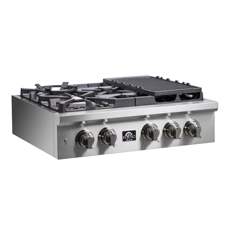 Forno Spezia 30-Inch Gas Cooktop, 4 Burners, Wok Ring and Grill/Griddle in Stainless Steel - FCTGS5751-30 - The Home Selection