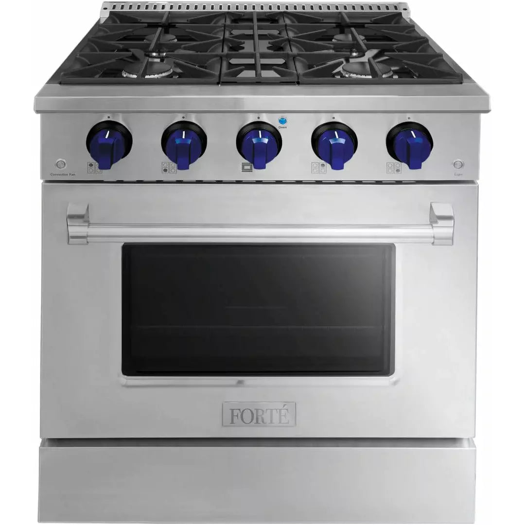 Forte 30" Freestanding All Gas Range - 4 Sealed Italian Made Burners, 3.53 cu. ft. Oven, Easy Glide Oven Racks - in Stainless Steel And Blue Knob (FGR304BSS3)