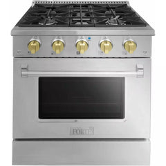 Forte 30" Freestanding All Gas Range - 4 Sealed Italian Made Burners, 3.53 cu. ft. Oven, Easy Glide Oven Racks - in Stainless Steel And Brass Knob (FGR304BSS4)
