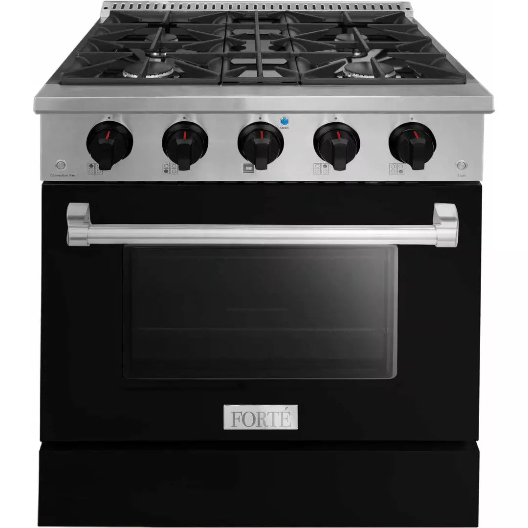 Forte 30" Freestanding All Gas Range - 4 Sealed Italian Made Burners, 3.53 cu. ft. Oven, Easy Glide Oven Racks - in Stainless Steel with Black Door And Black Knob (FGR304BBB2)