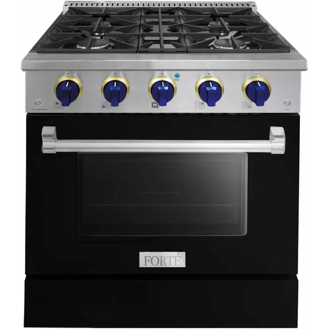 Forte 30" Freestanding All Gas Range - 4 Sealed Italian Made Burners, 3.53 cu. ft. Oven, Easy Glide Oven Racks - in Stainless Steel with Black Door And Blue Knob (FGR304BBB3)