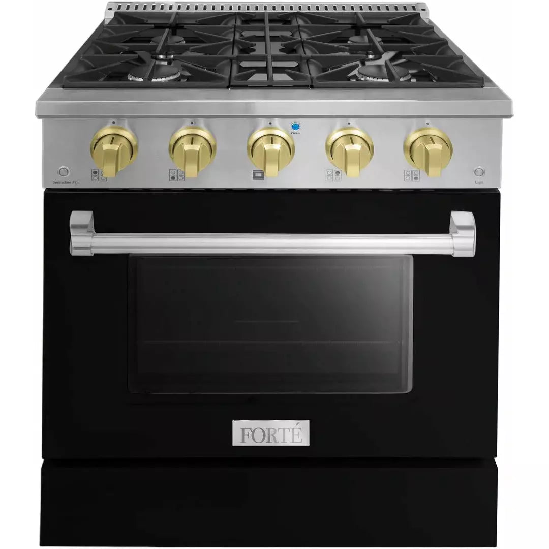 Forte 30" Freestanding All Gas Range - 4 Sealed Italian Made Burners, 3.53 cu. ft. Oven, Easy Glide Oven Racks - in Stainless Steel with Black Door And Brass Knob (FGR304BBB4)