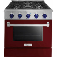 Forte 30" Freestanding All Gas Range - 4 Sealed Italian Made Burners, 3.53 cu. ft. Oven, Easy Glide Oven Racks - in Stainless Steel With Burgundy Door And Blue Knob (FGR304BBG3)