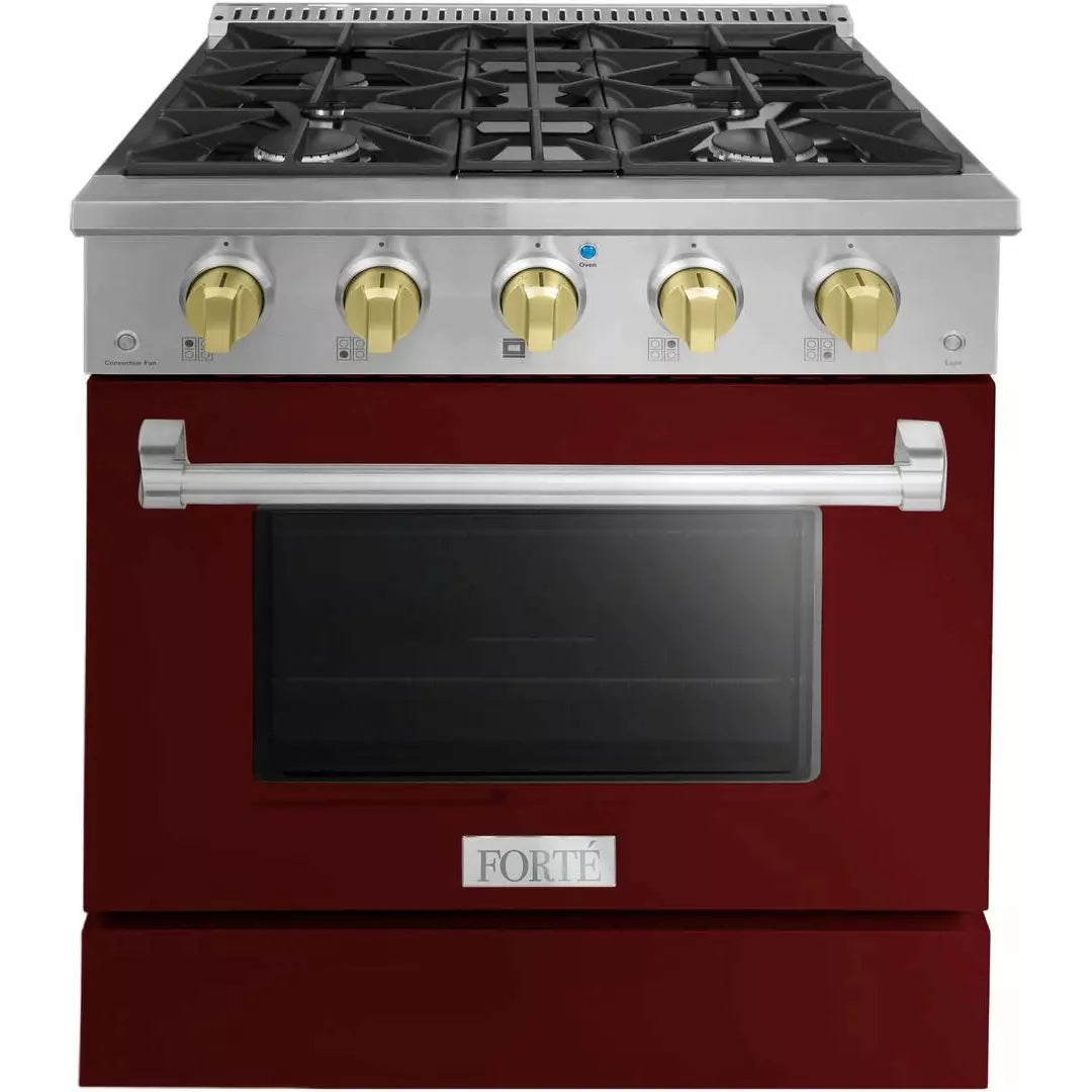 Forte 30" Freestanding All Gas Range - 4 Sealed Italian Made Burners, 3.53 cu. ft. Oven, Easy Glide Oven Racks - in Stainless Steel With Burgundy Door And Brass Knob (FGR304BBG4)