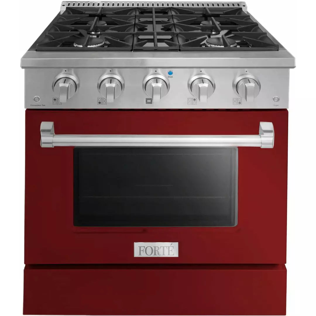 Forte 30" Freestanding All Gas Range - 4 Sealed Italian Made Burners, 3.53 cu. ft. Oven, Easy Glide Oven Racks - in Stainless Steel With Burgundy Door And Stainless Steel Knob (FGR304BBG1)