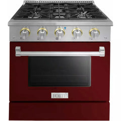Forte 30" Freestanding All Gas Range - 4 Sealed Italian Made Burners, 3.53 cu. ft. Oven, Easy Glide Oven Racks - in Stainless Steel With Burgundy Door And Stainless Steel Knob (FGR304BBG1)