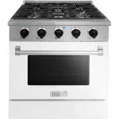 Forte 30" Freestanding All Gas Range - 4 Sealed Italian Made Burners, 3.53 cu. ft. Oven, Easy Glide Oven Racks - in Stainless Steel With White Door And Black Knob (FGR304BWW2)