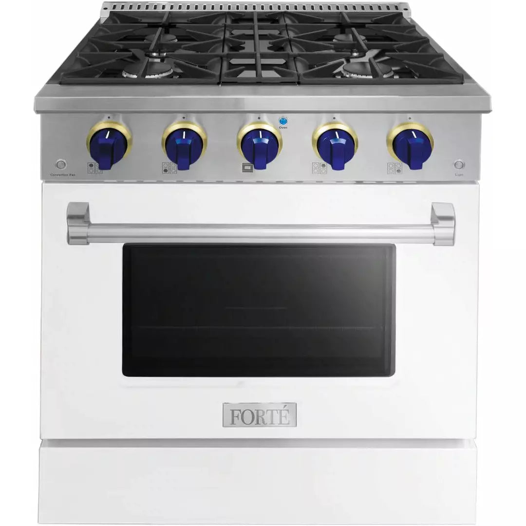 Forte 30" Freestanding All Gas Range - 4 Sealed Italian Made Burners, 3.53 cu. ft. Oven, Easy Glide Oven Racks - in Stainless Steel With White Door And Blue Knob (FGR304BWW3)
