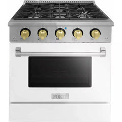 Forte 30" Freestanding All Gas Range - 4 Sealed Italian Made Burners, 3.53 cu. ft. Oven, Easy Glide Oven Racks - in Stainless Steel With White Door And Brass Knob (FGR304BWW4)