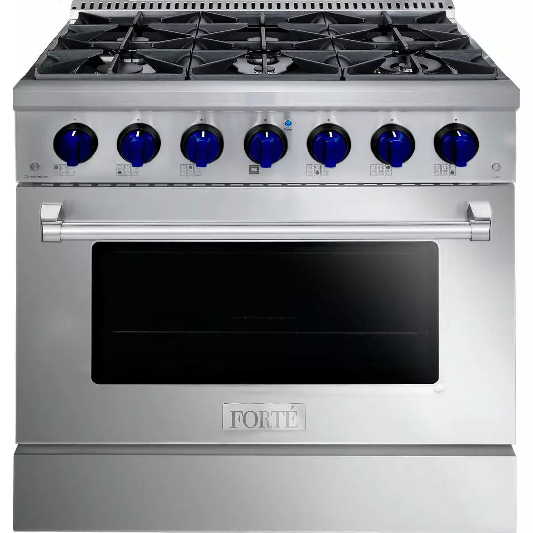 Forte 36" Freestanding All Gas Range - 6 Sealed Italian Made Burners, 4.5 cu. ft. Oven, Easy Glide Oven Racks - in Stainless Steel And Blue Knob (FGR366BSS3)