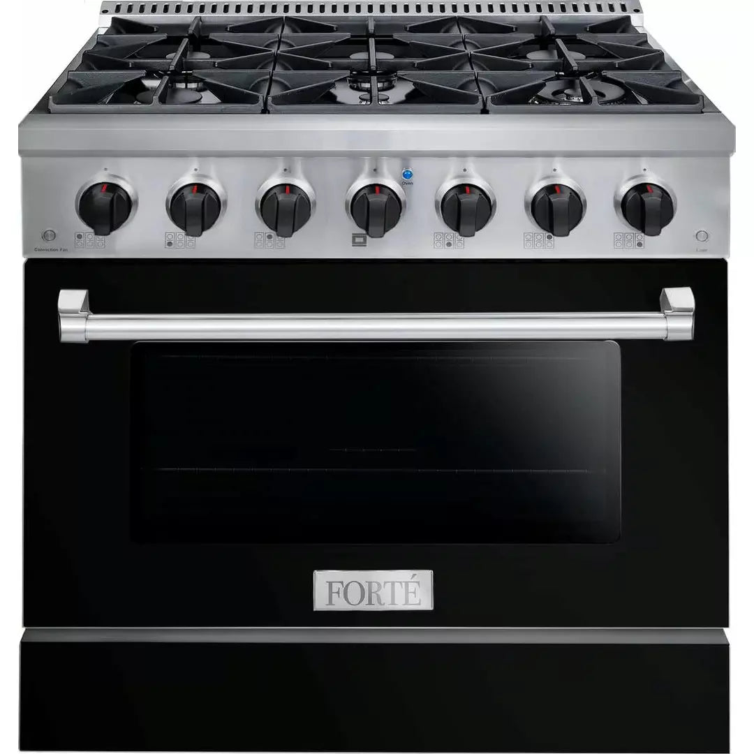 Forte 36" Freestanding All Gas Range - 6 Sealed Italian Made Burners, 4.5 cu. ft. Oven, Easy Glide Oven Racks - in Stainless Steel With Black Door And Black Knob (FGR366BBB2)