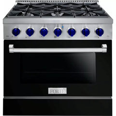 Forte 36" Freestanding All Gas Range - 6 Sealed Italian Made Burners, 4.5 cu. ft. Oven, Easy Glide Oven Racks - in Stainless Steel With Black Door And Blue Knob (FGR366BBB3)
