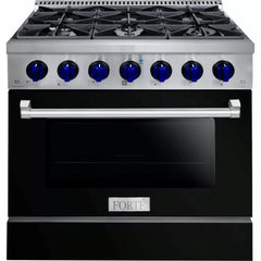 Forte 36" Freestanding All Gas Range - 6 Sealed Italian Made Burners, 4.5 cu. ft. Oven, Easy Glide Oven Racks - in Stainless Steel With Black Door And Blue Knob (FGR366BBB3)