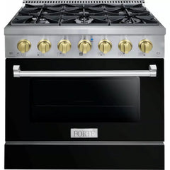 Forte 36" Freestanding All Gas Range - 6 Sealed Italian Made Burners, 4.5 cu. ft. Oven, Easy Glide Oven Racks - in Stainless Steel With Black Door And Brass Knob (FGR366BBB4)