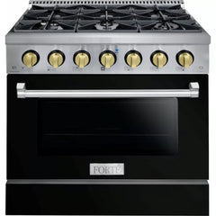 Forte 36" Freestanding All Gas Range - 6 Sealed Italian Made Burners, 4.5 cu. ft. Oven, Easy Glide Oven Racks - in Stainless Steel With Black Door And Brass Knob (FGR366BBB4)