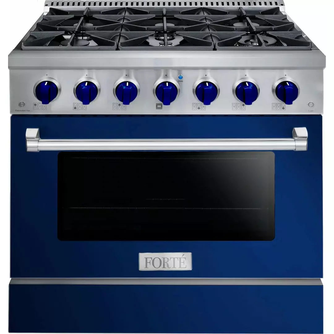 Forte 36" Freestanding All Gas Range - 6 Sealed Italian Made Burners, 4.5 cu. ft. Oven, Easy Glide Oven Racks - in Stainless Steel With Blue Door And Blue Knob (FGR366BBL3)