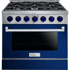 Forte 36" Freestanding All Gas Range - 6 Sealed Italian Made Burners, 4.5 cu. ft. Oven, Easy Glide Oven Racks - in Stainless Steel With Blue Door And Blue Knob (FGR366BBL3)