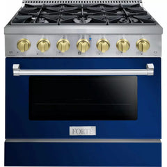 Forte 36" Freestanding All Gas Range - 6 Sealed Italian Made Burners, 4.5 cu. ft. Oven, Easy Glide Oven Racks - in Stainless Steel With Blue Door And Brass Knob (FGR366BBL4)