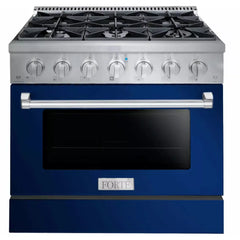 Forte 36" Freestanding All Gas Range - 6 Sealed Italian Made Burners, 4.5 cu. ft. Oven, Easy Glide Oven Racks - in Stainless Steel With Blue Door And Stainless Steel Knob (FGR366BBL)