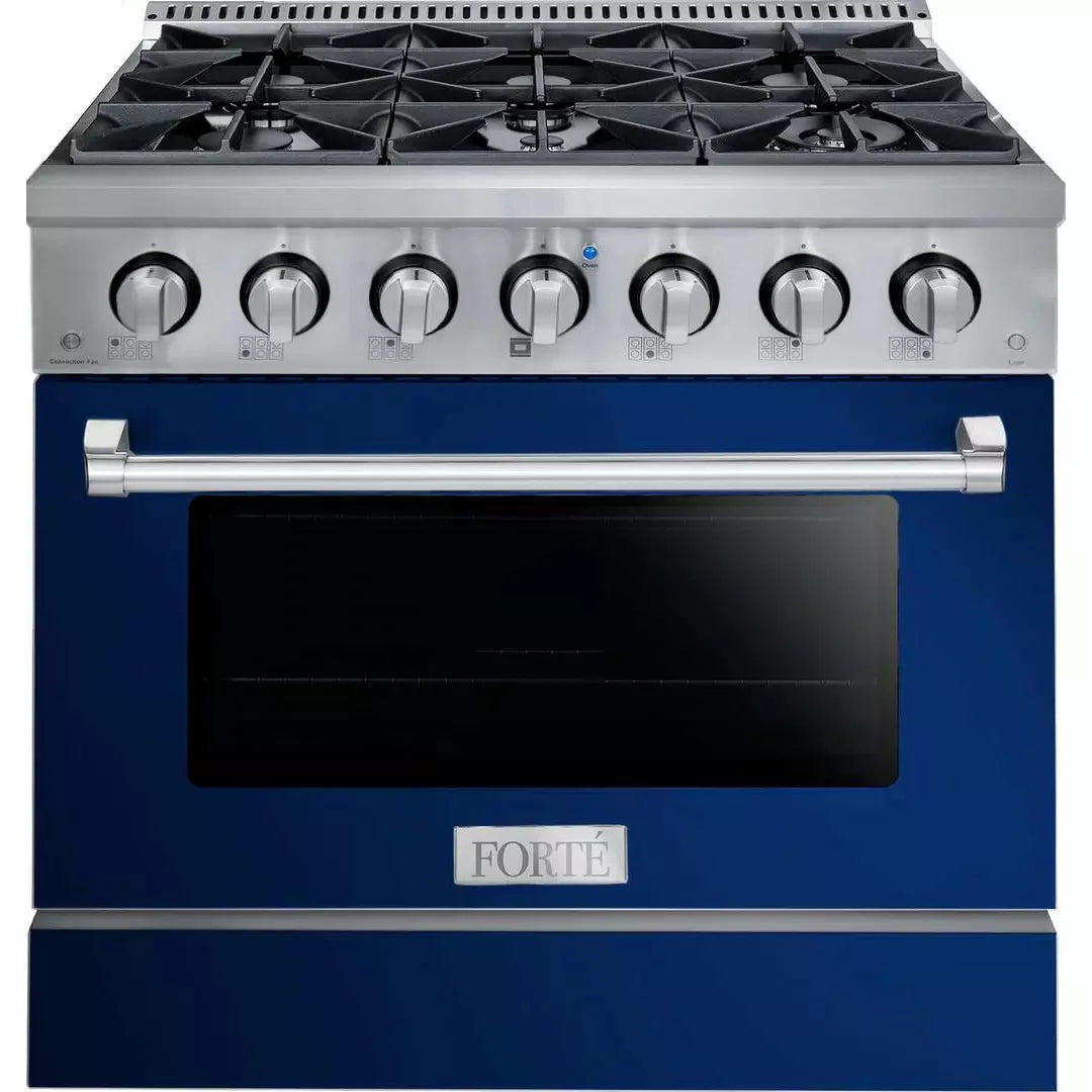 Forte 36" Freestanding All Gas Range - 6 Sealed Italian Made Burners, 4.5 cu. ft. Oven, Easy Glide Oven Racks - in Stainless Steel With Blue Door And Stainless Steel Knob (FGR366BBL)