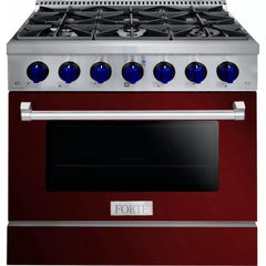 Forte 36" Freestanding All Gas Range - 6 Sealed Italian Made Burners, 4.5 cu. ft. Oven, Easy Glide Oven Racks - in Stainless Steel With Burgundy Door And Blue Knob (FGR366BBG3)