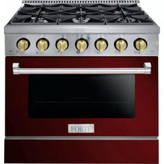 Forte 36" Freestanding All Gas Range - 6 Sealed Italian Made Burners, 4.5 cu. ft. Oven, Easy Glide Oven Racks - in Stainless Steel With Burgundy Door And Brass Knob (FGR366BBG)